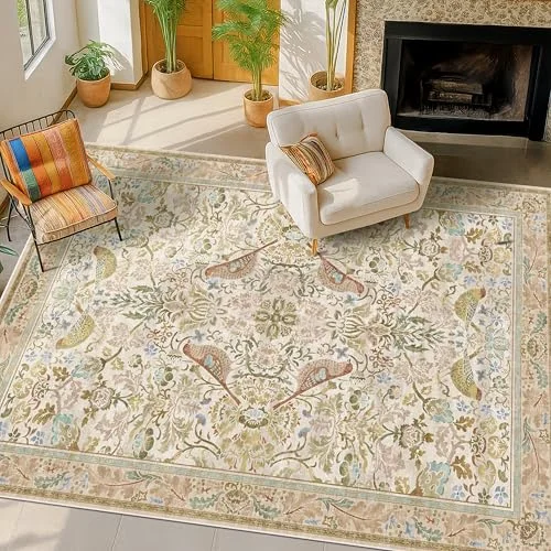 Beige, a floral washable rug by HazoHaus
