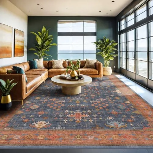 Blue / Terracotta, a boho washable rug by HazoHaus