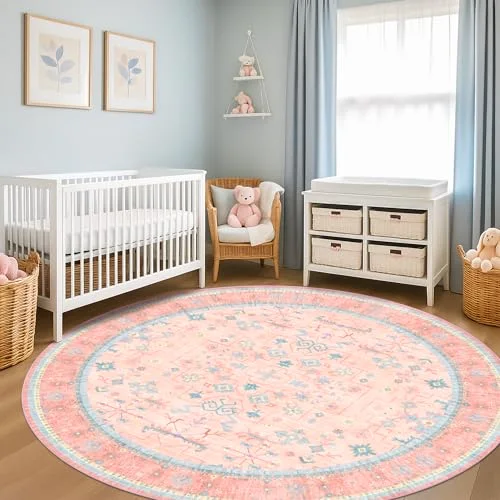 Pink / Blue, a boho washable rug by HazoHaus