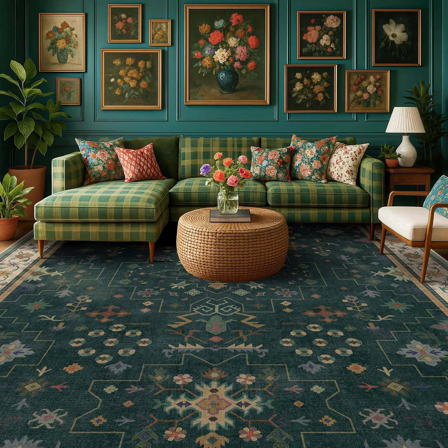 A HazoHaus dark green boho washable rug under a velvet sofa in an evening living room