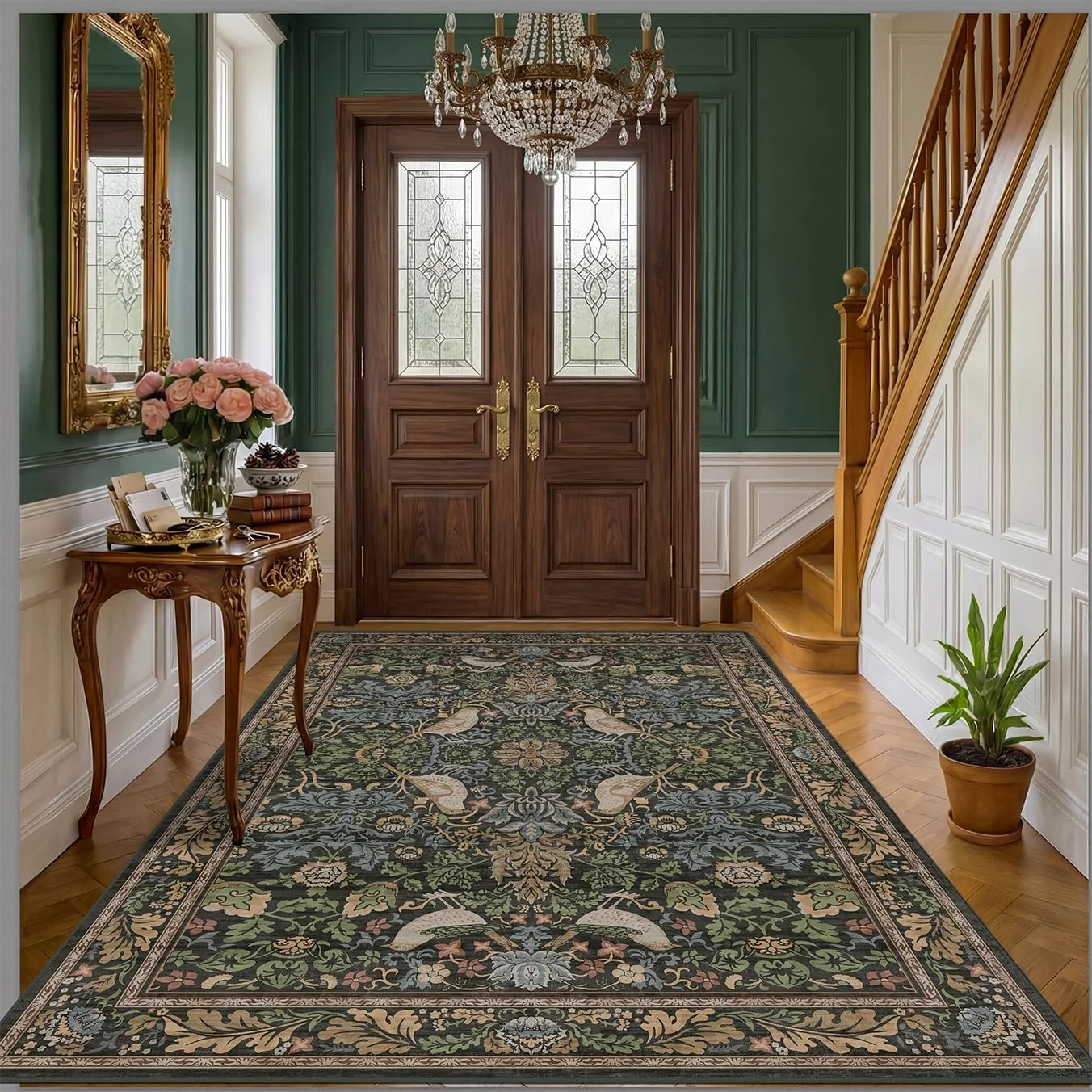 A HazoHaus vintage runner leading through a green entry hall