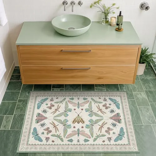 Beige Green, a floral washable rug by HazoHaus
